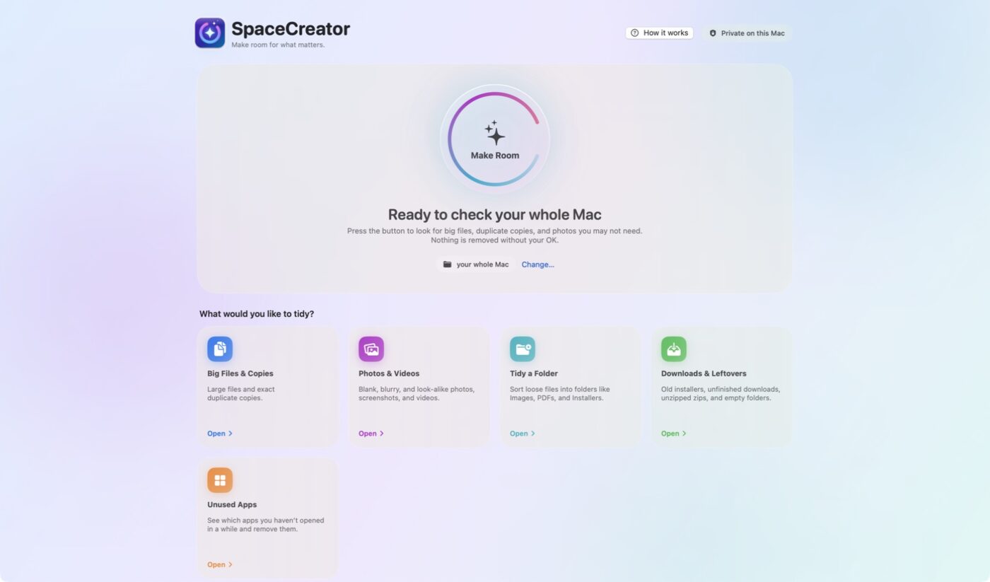 SpaceCreator home screen with the Make Room button and five areas to tidy: Big Files and Copies, Photos and Videos, Tidy a Folder, Downloads and Leftovers, and Unused Apps